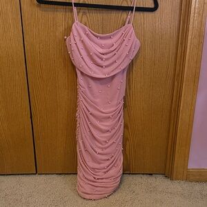 Windsor Dusty Pink Pearl-Embellished Draped Midi Dress